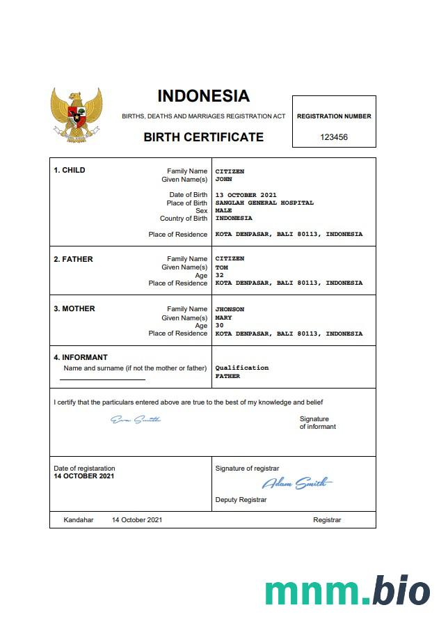 Indonesia narodziny certyfikat Word i PDF szablon